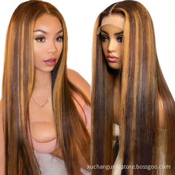 Uniky Blonde 36 Inch Long Straight Brown 13X4 Transparent Lace Highlighted Human Hair Wigs 12a Highlight Body Wave Hair Full Wig